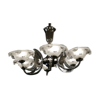 Lustre art deco, chrome, 6 lumières