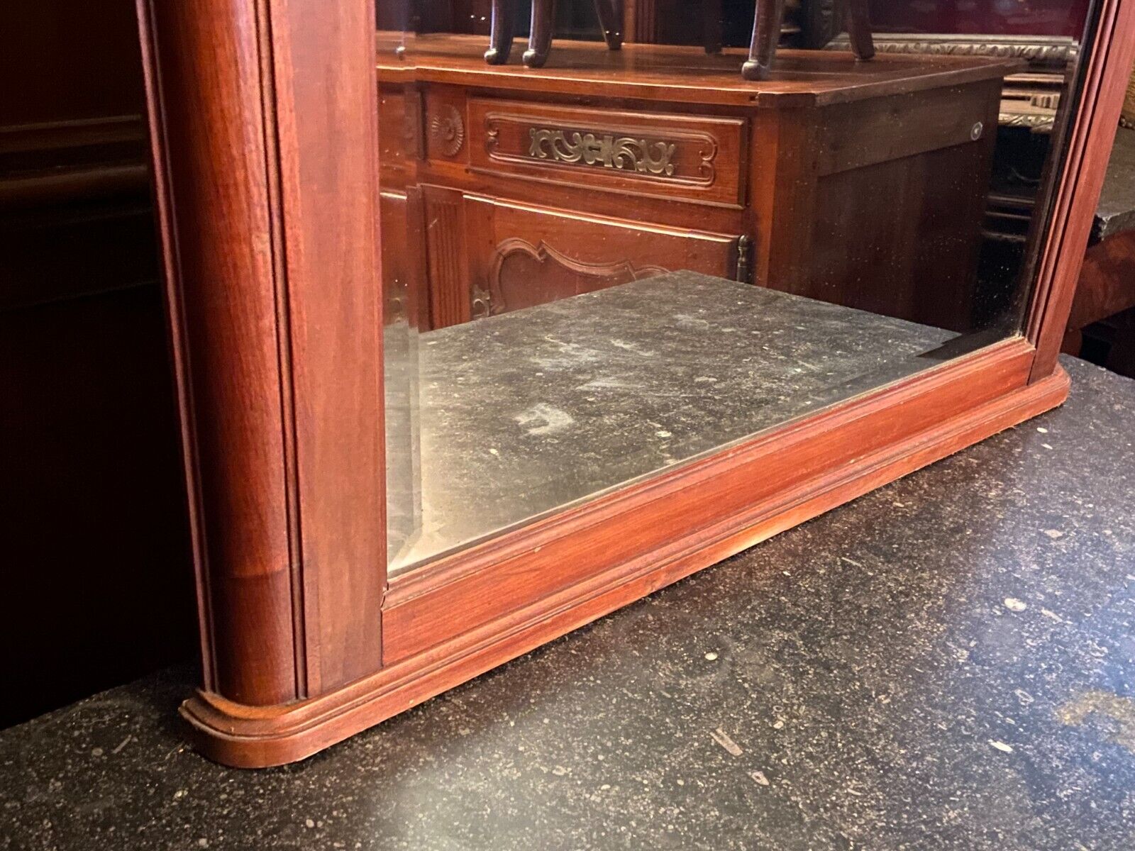 Beveled mirror trumeau fireplace glass in solid walnut Louis XVI style