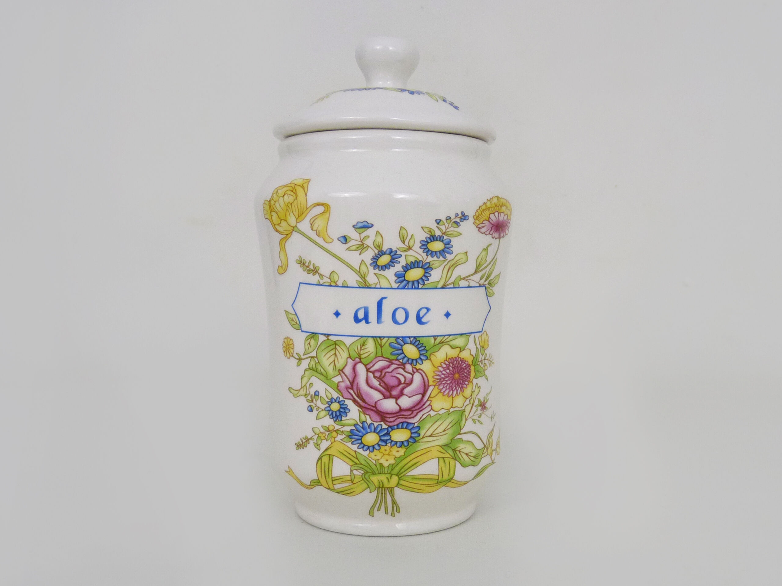 Old apothecary pot, ceramic Aloe medicine jar. Year 70 80