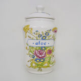 Old apothecary pot, ceramic Aloe medicine jar. Year 70 80