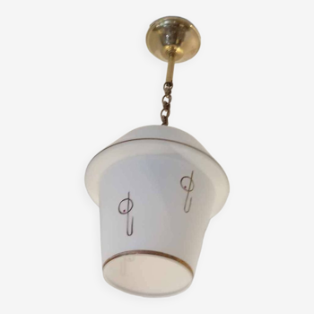 Opaline globe pendant light with stylized 1950s decoration