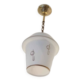 Opaline globe pendant light with stylized 1950s decoration