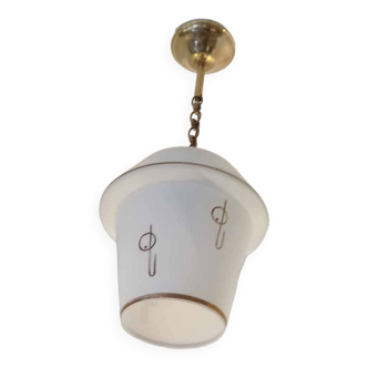 Opaline globe pendant light with stylized 1950s decoration