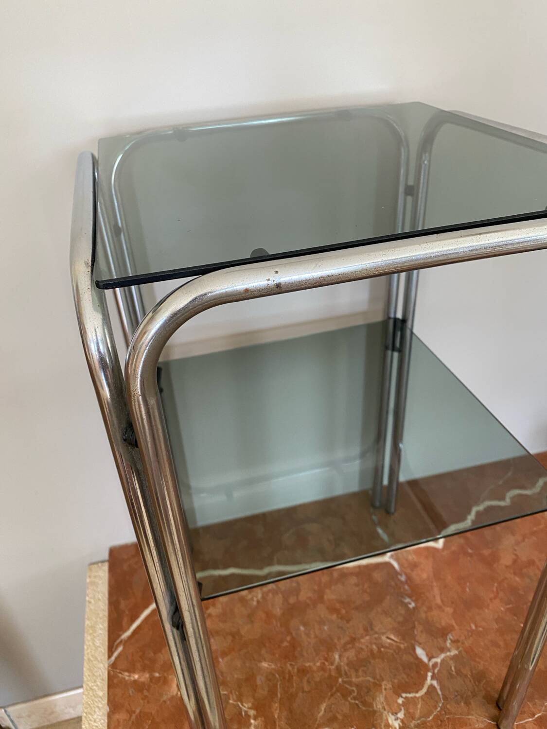 Chrome and smoked glass side table