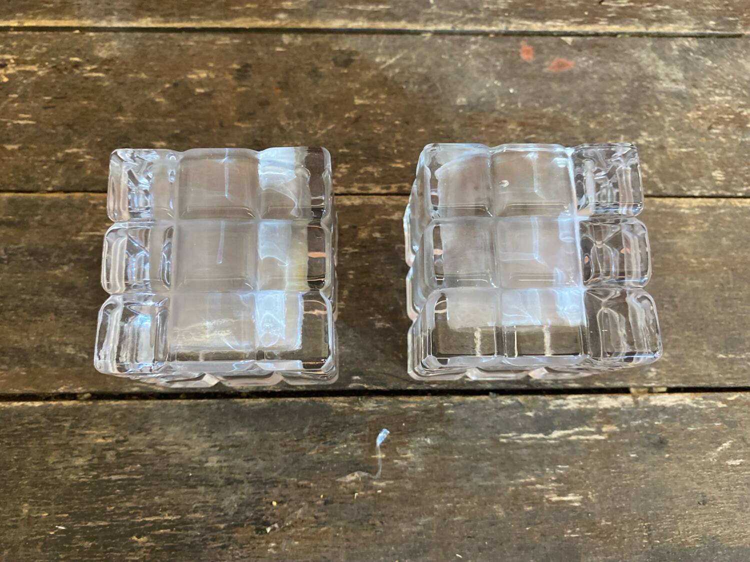 Pair of Modernist Cube Design Candle Holders Moulded Glass 1970s Vintage