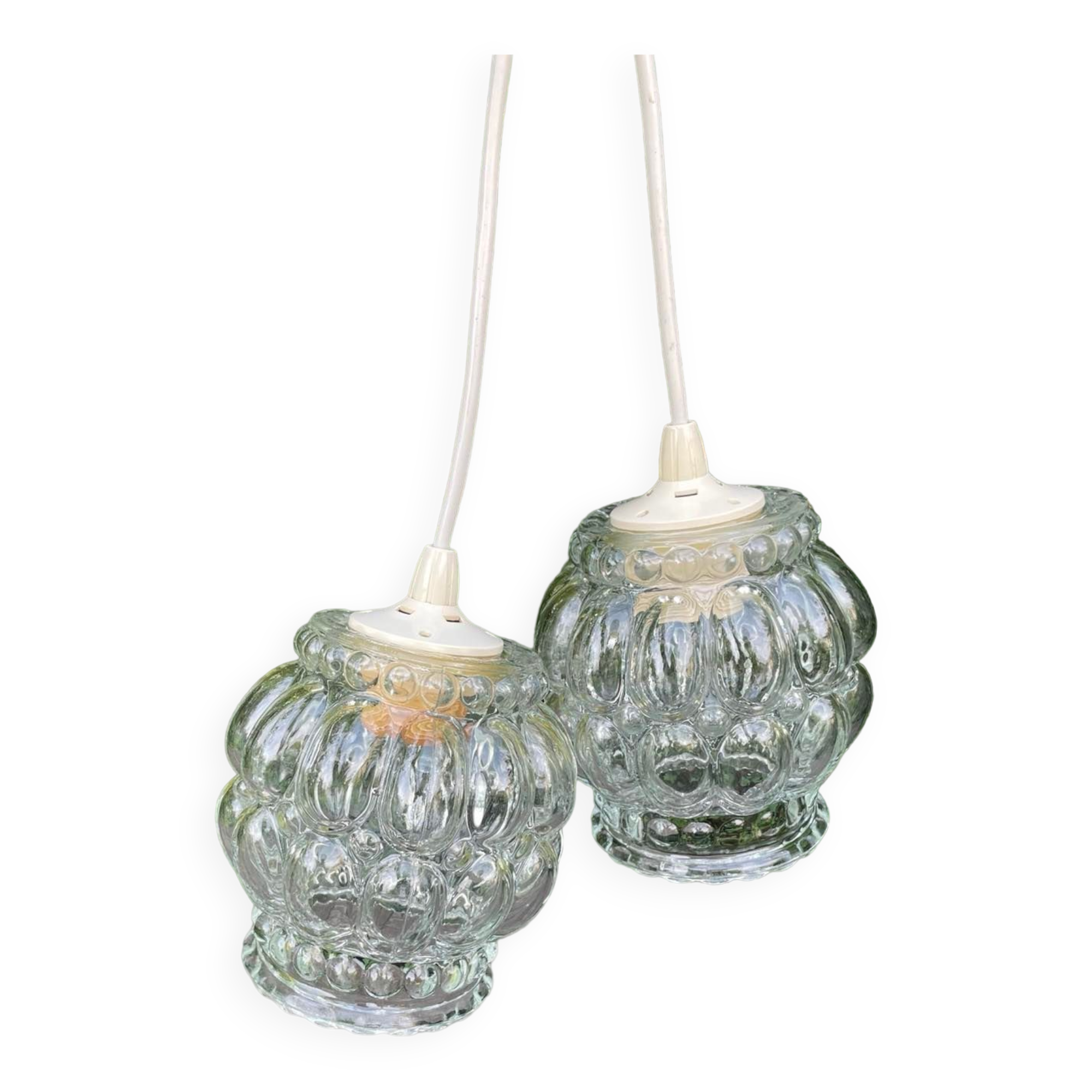 Pair of Bubble Pendant Lamps in Amber Glass Vintage 70s