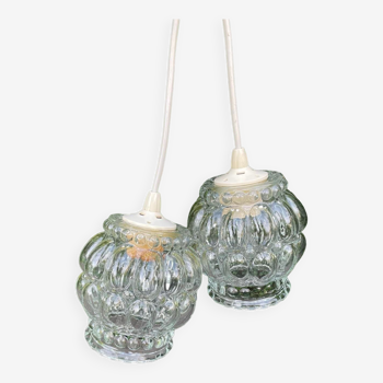 Pair of Bubble Pendant Lamps in Amber Glass Vintage 70s