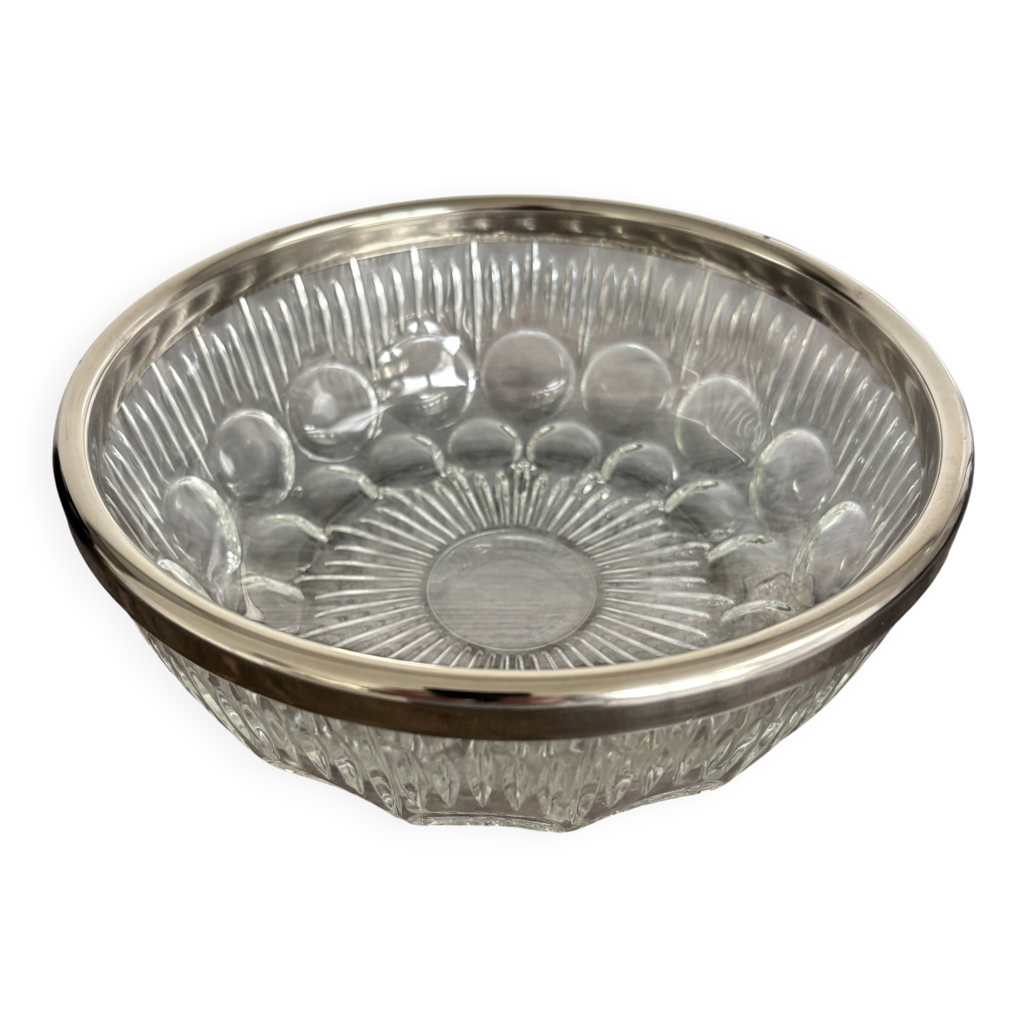 Vintage salad bowl in moulded glass and silver-plated metal.
