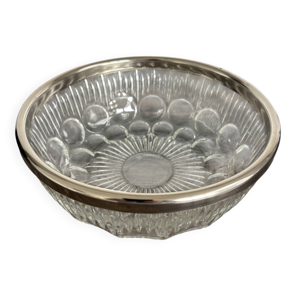 Saladier vintage en cristal moulé et métal argenté