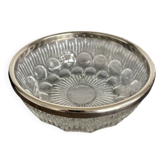 Vintage salad bowl in moulded glass and silver-plated metal.