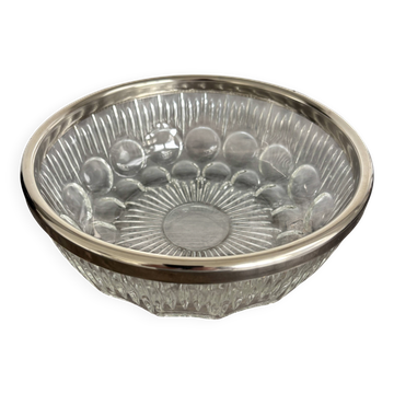 Vintage salad bowl in moulded glass and silver-plated metal.