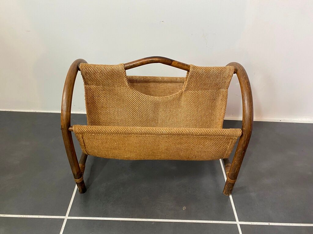 Magazine holder in rattan and vintage burlap 70s