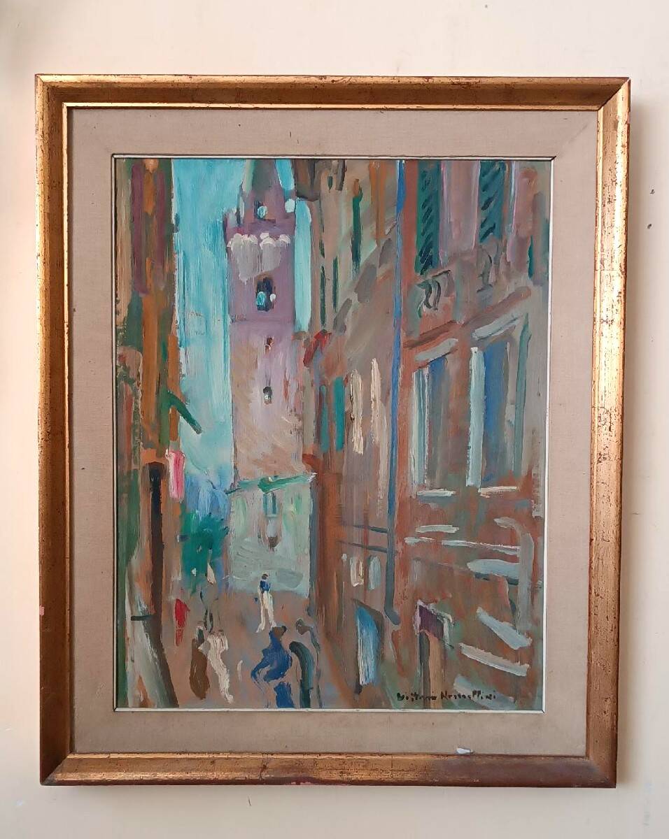 Oil painting on cardboard, Vittorio Nomellini (1901 Genoa - 1965 Florence), view of Lerici.