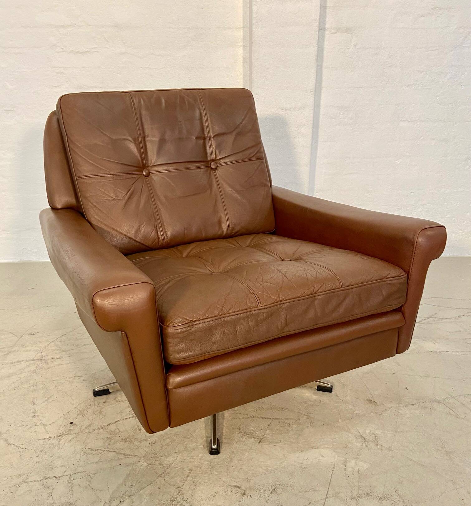 Vintage danish retro mid-century svend skipper brown leather chair & stool 60s