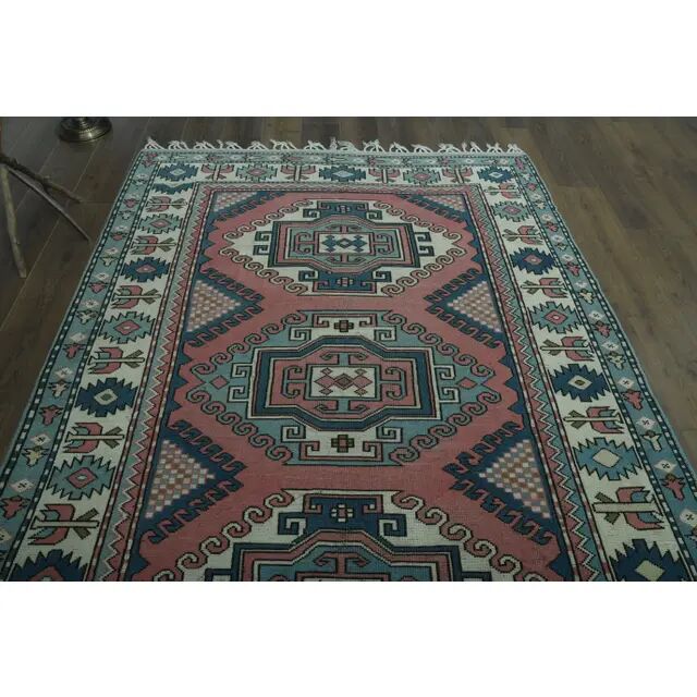 1970s Vintage Turkish Oushak Handmade Wool Cotton Pink Area Rug  192x256