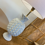 White lacquer pineapple lamp Hollywood regency with pink shade