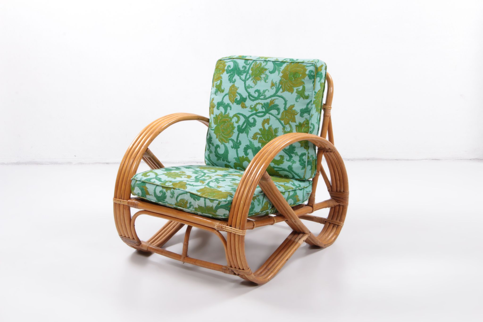Vintage set of bamboo lounge armchairs and sofa with coffee table Paul Frankl, 1960s