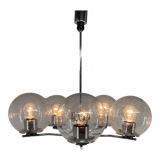 Lustre à cinq bras en verre à bulles chromé et transparent des années 1970