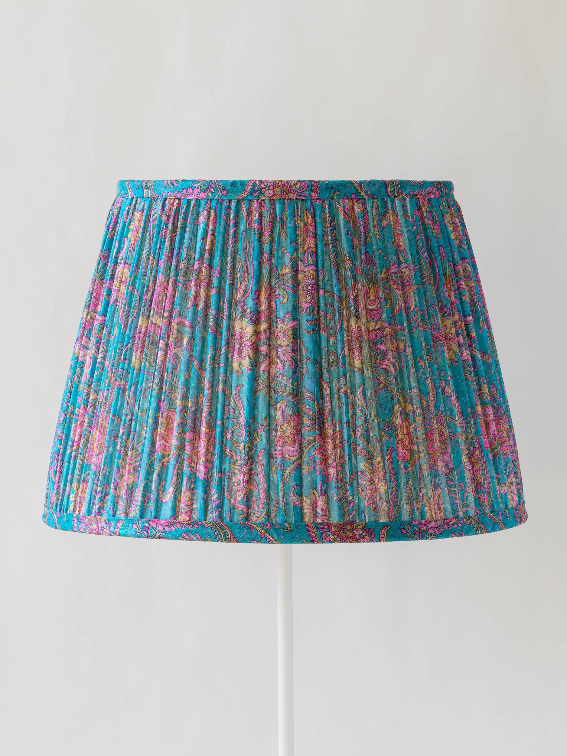 New handcrafted lampshade in vintage silk sari, turquoise pink floral.
