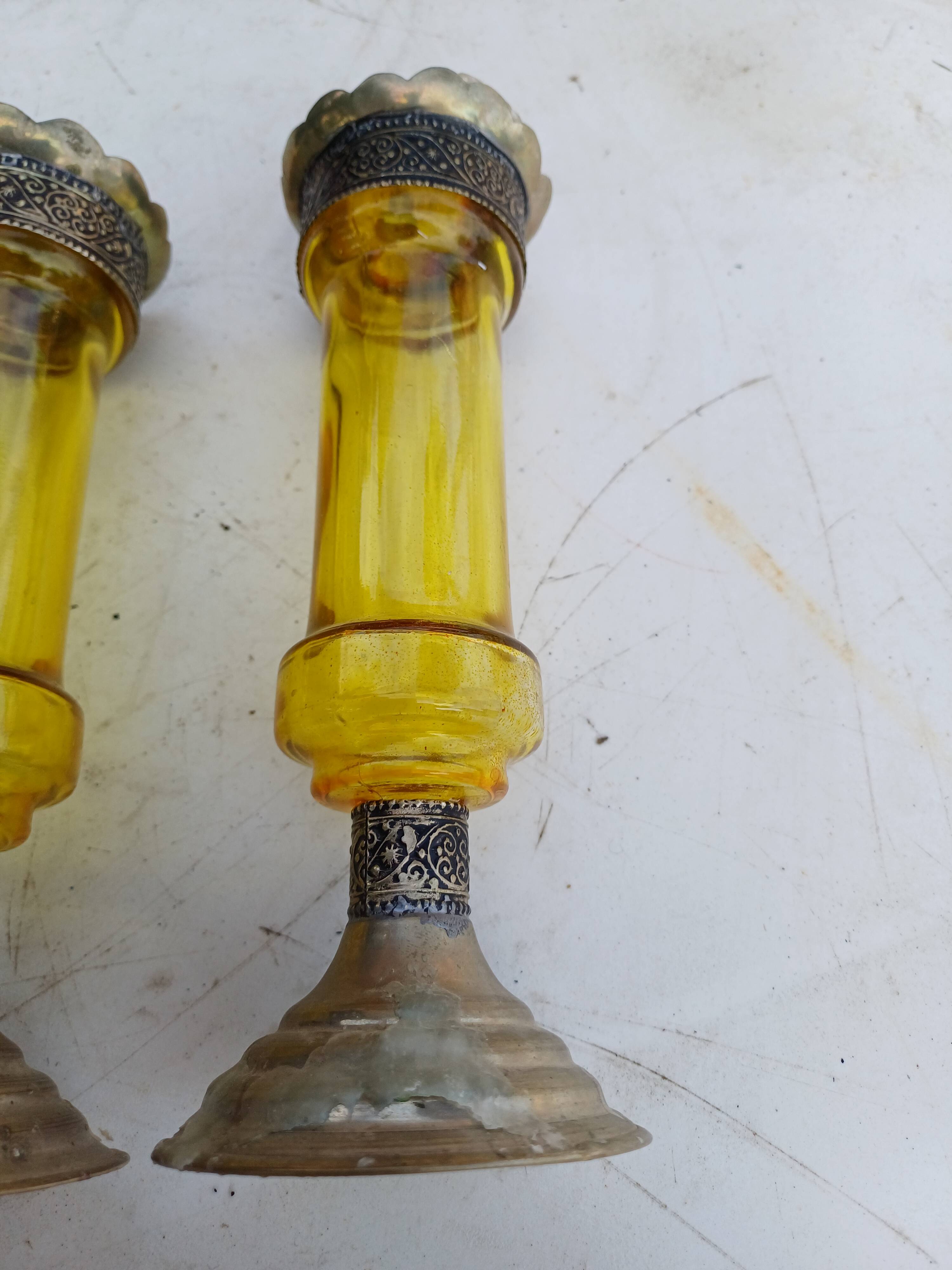 Pair of Silver Metal Candlesticks, Yellow Glass