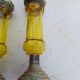 Pair of Silver Metal Candlesticks, Yellow Glass