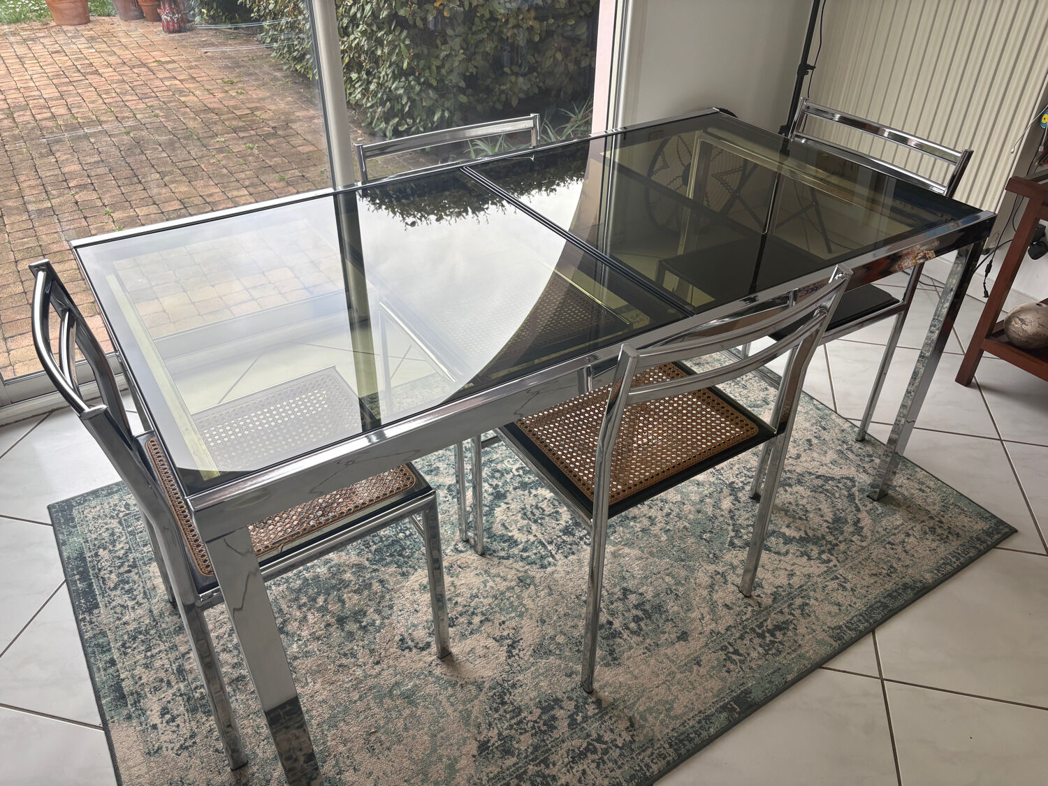 Vintage dining set – smoked glass & chrome – 5 chairs – year