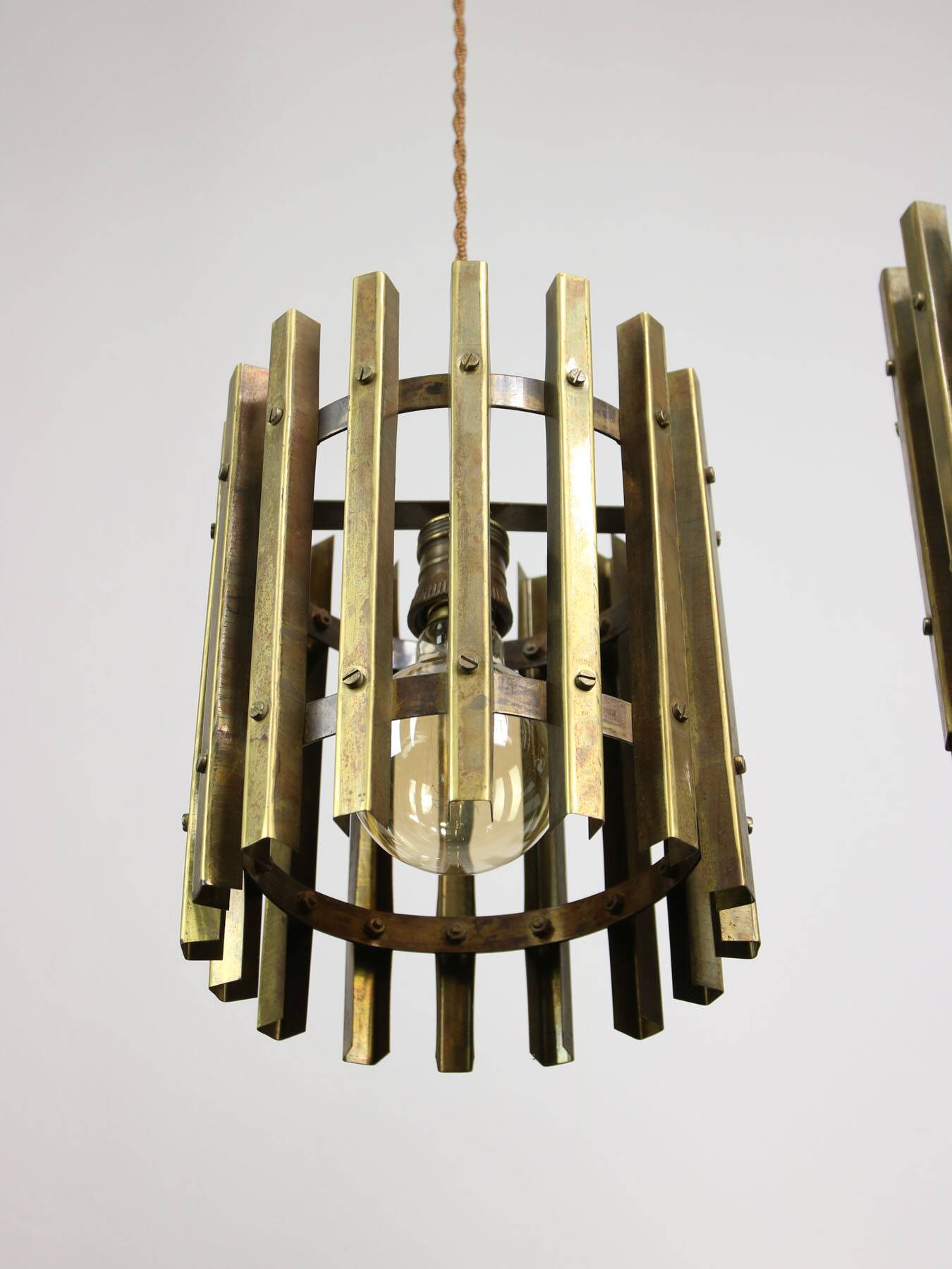 Vintage Italian Brass Cage Pendant Lamp, 70s
