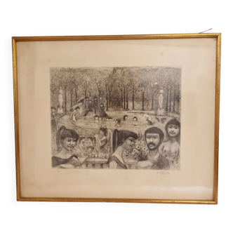 Original etching by Edouard Goerg (1893-1969), "les nymphes au luxembourg", 1960, signed, framed