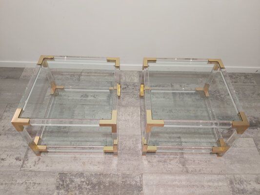 Set of 2 coffee tables in acrylic glass and brass, 1970s