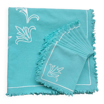 Nappe et 12 serviettes en coton vert d'eau