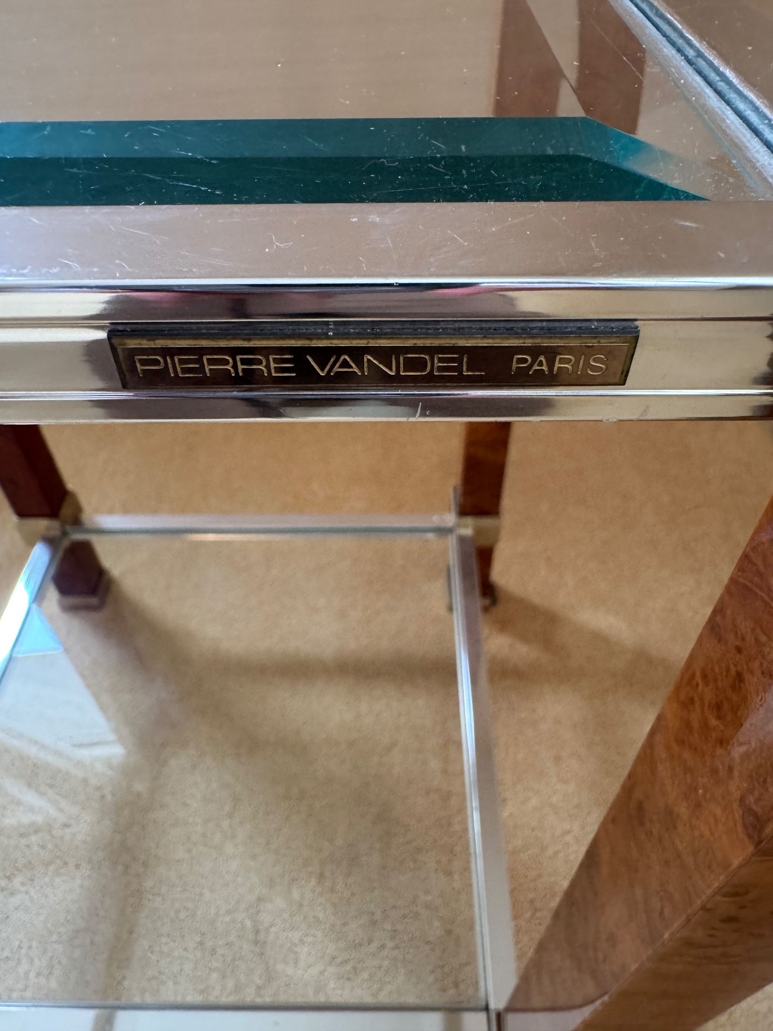 Side table Pierre Vandel Paris, magnifying glass and chrome, engraved brass plate.