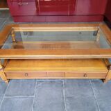 Coffee table with 2 drawers in solid cherry wood and glass.