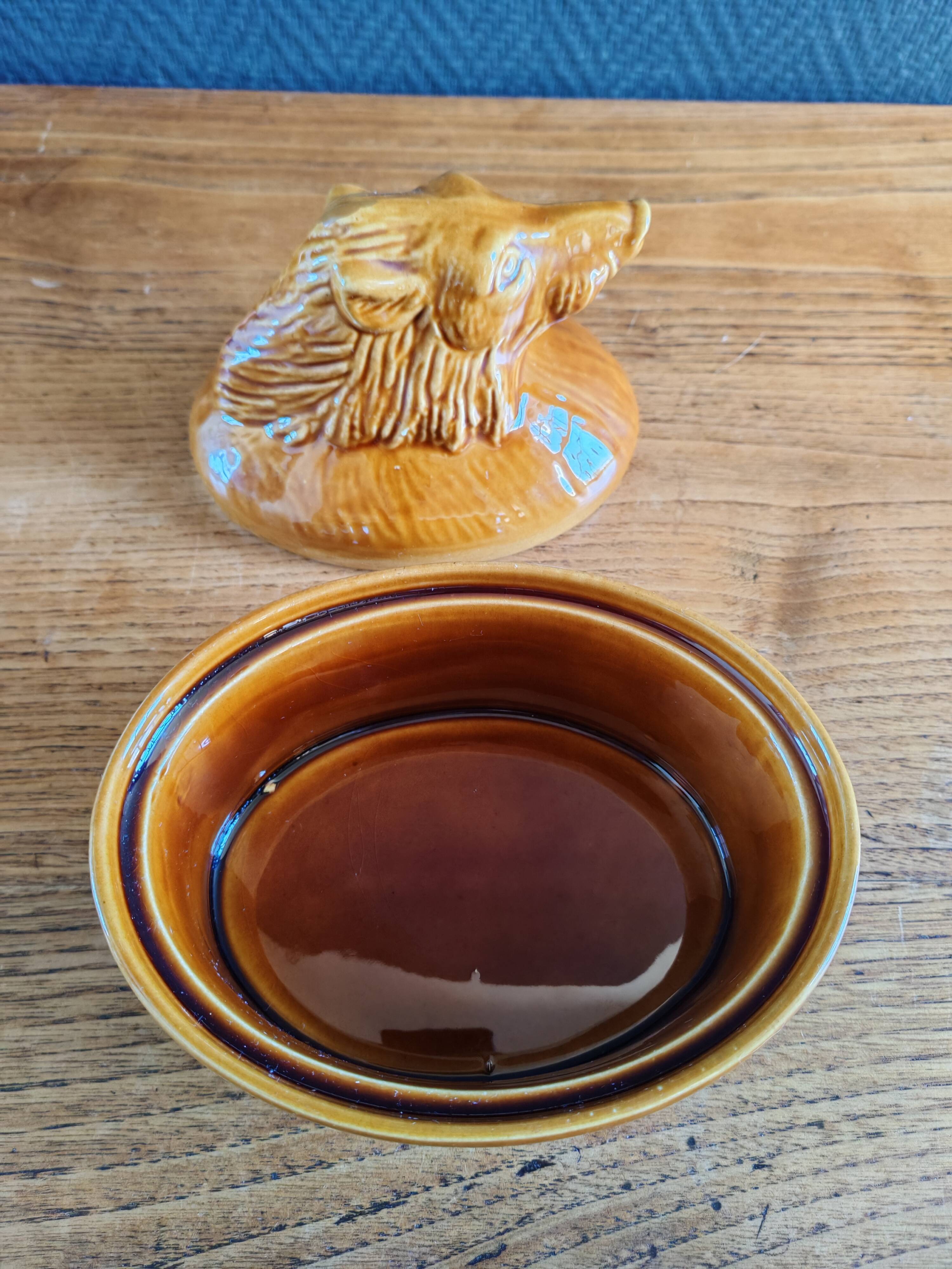 Terrine Vintage Tête de Sanglier en Céramique, Plat de Service Gibier