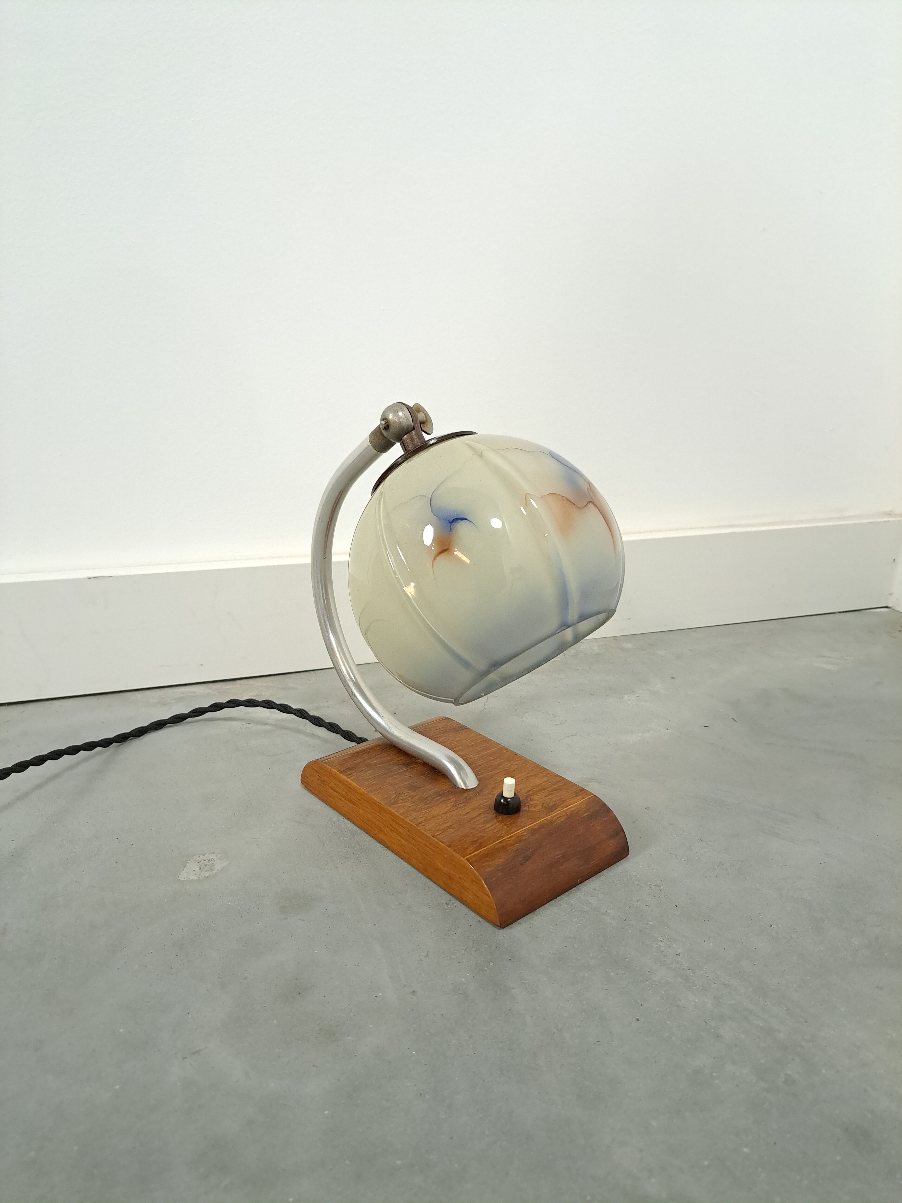 Table lamp with wooden base and glass shade with blue details vintage