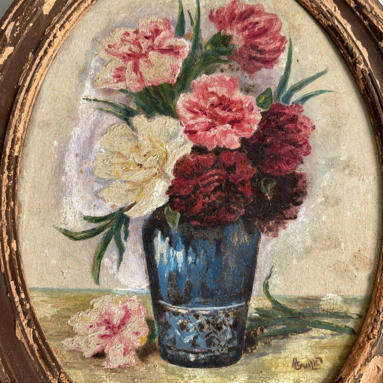 Oil on panel by A. Cruillet still life bouquet of flowers 1920