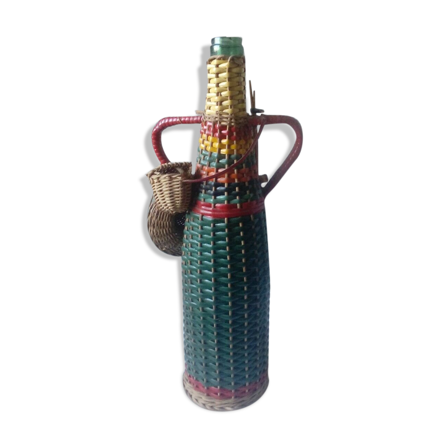 Bottle scoubidou and wicker years 1970 vintage