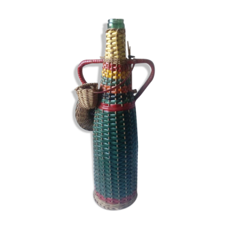 Bottle scoubidou and wicker years 1970 vintage