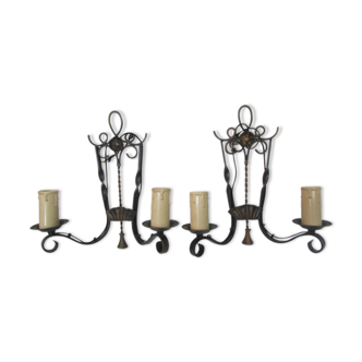 Pair of wall sconces, bronze-colored iron