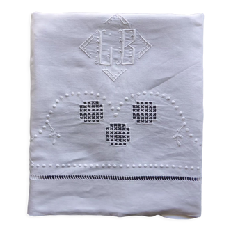 Antique white linen towel embroidered LB+ plumetis stitches+days with return-212x298cm