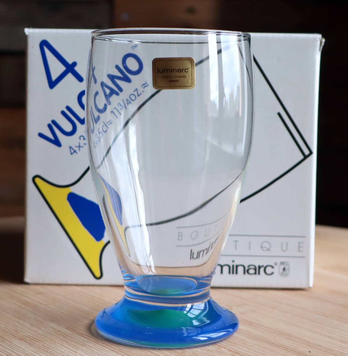 Set of 4 vintage blue and green Vulcano glasses in box – Luminarc France