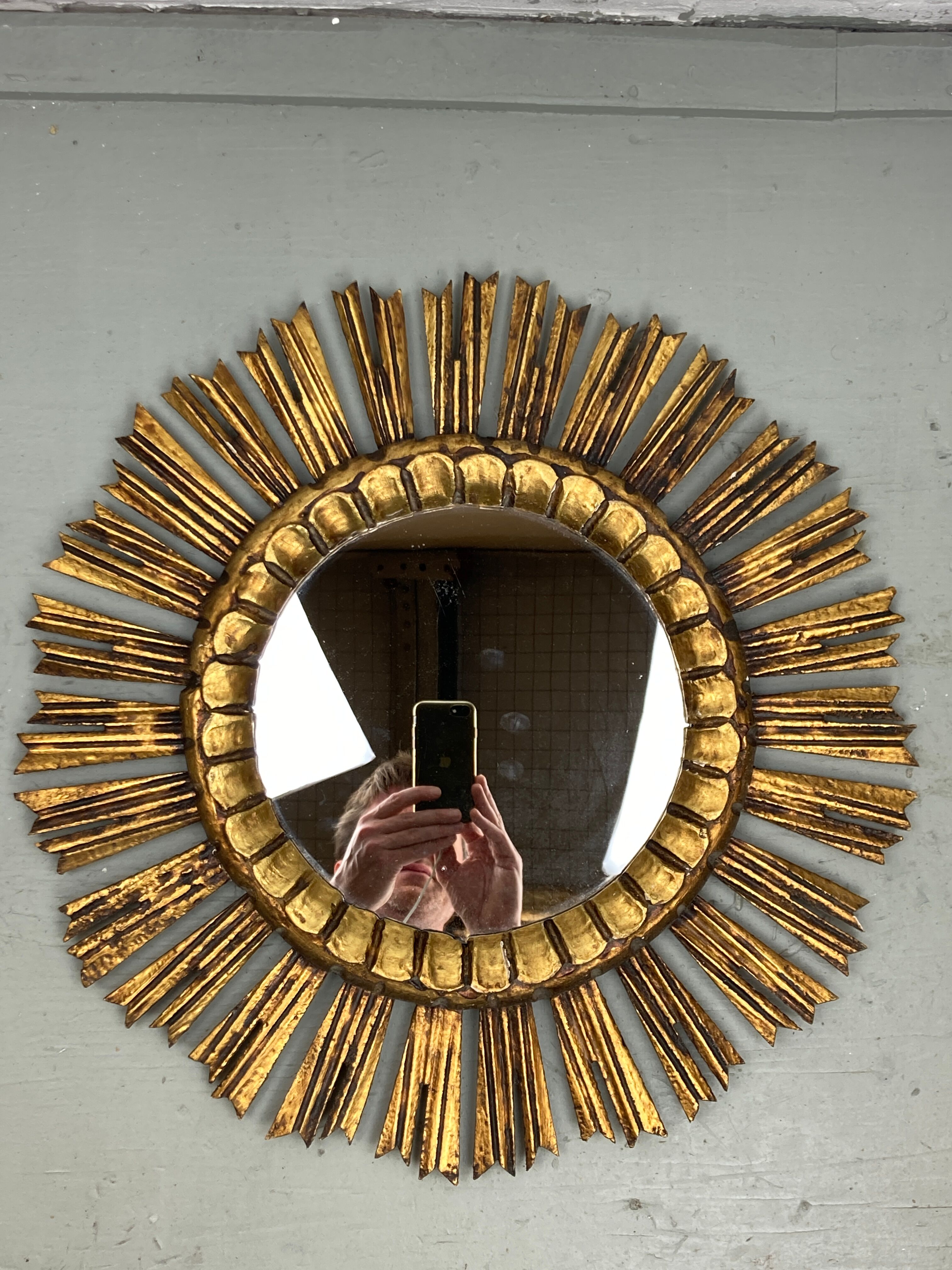 Spanish gold gilt wood sun or sunburst mirror, ca 1950s