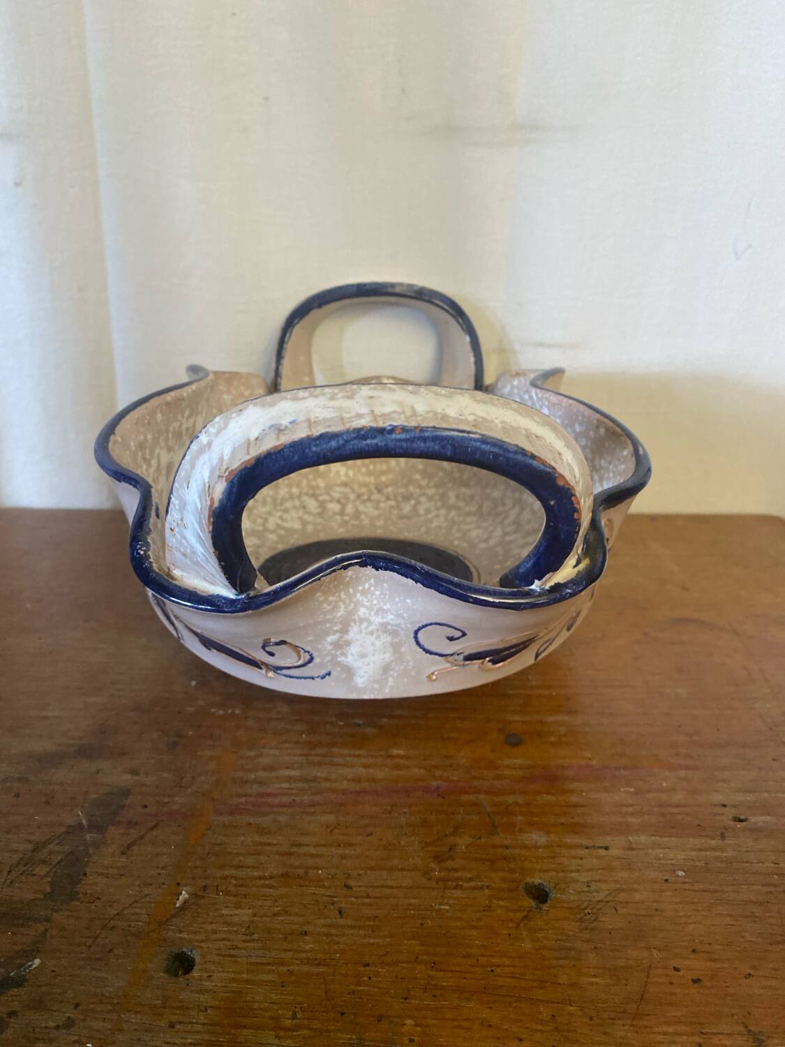 Vintage Ceramic Salad Bowl with Blue Floral Decor, Made in Italy