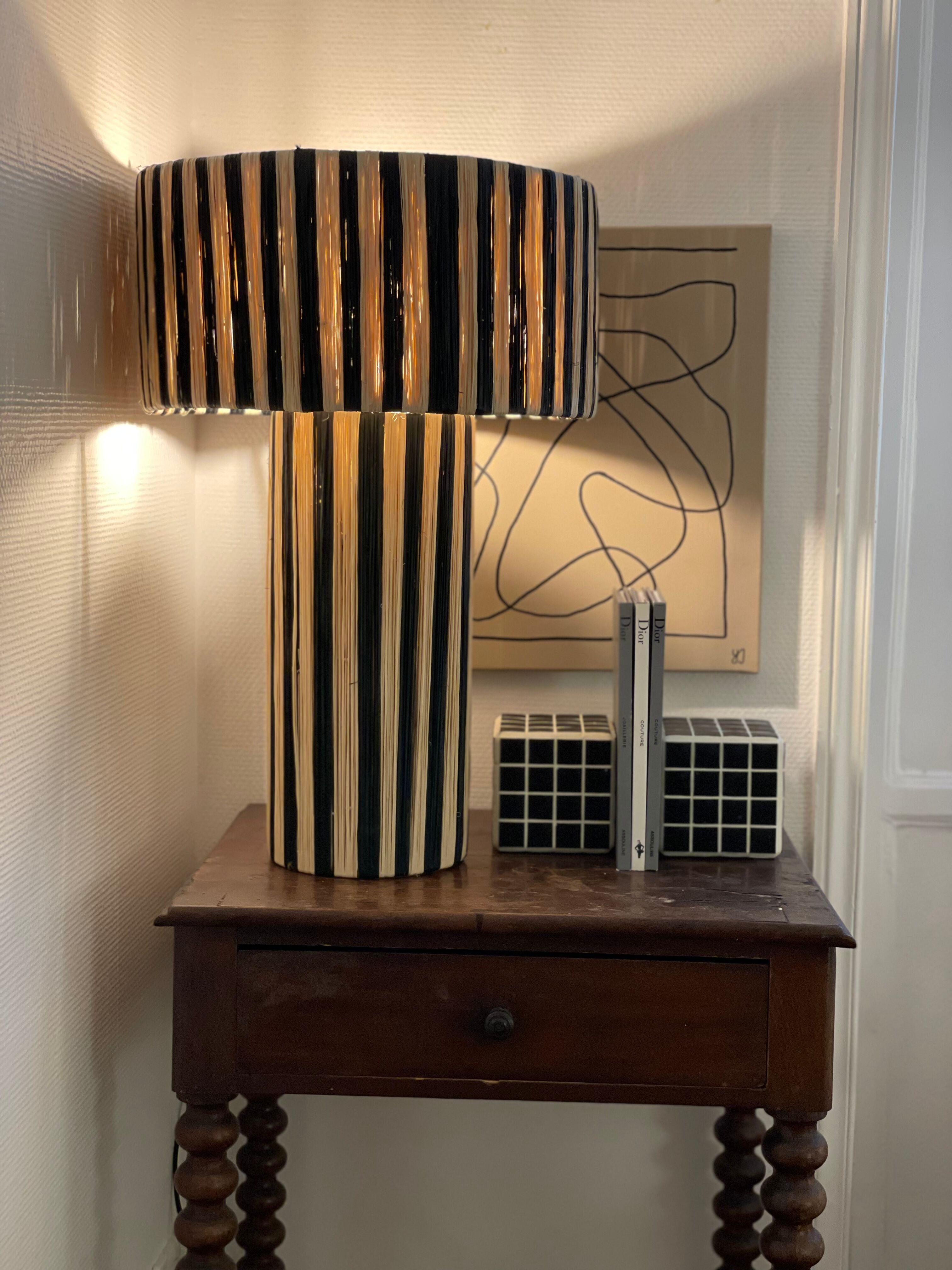 Minimalist bedside table lamp raffia Striped zebra black