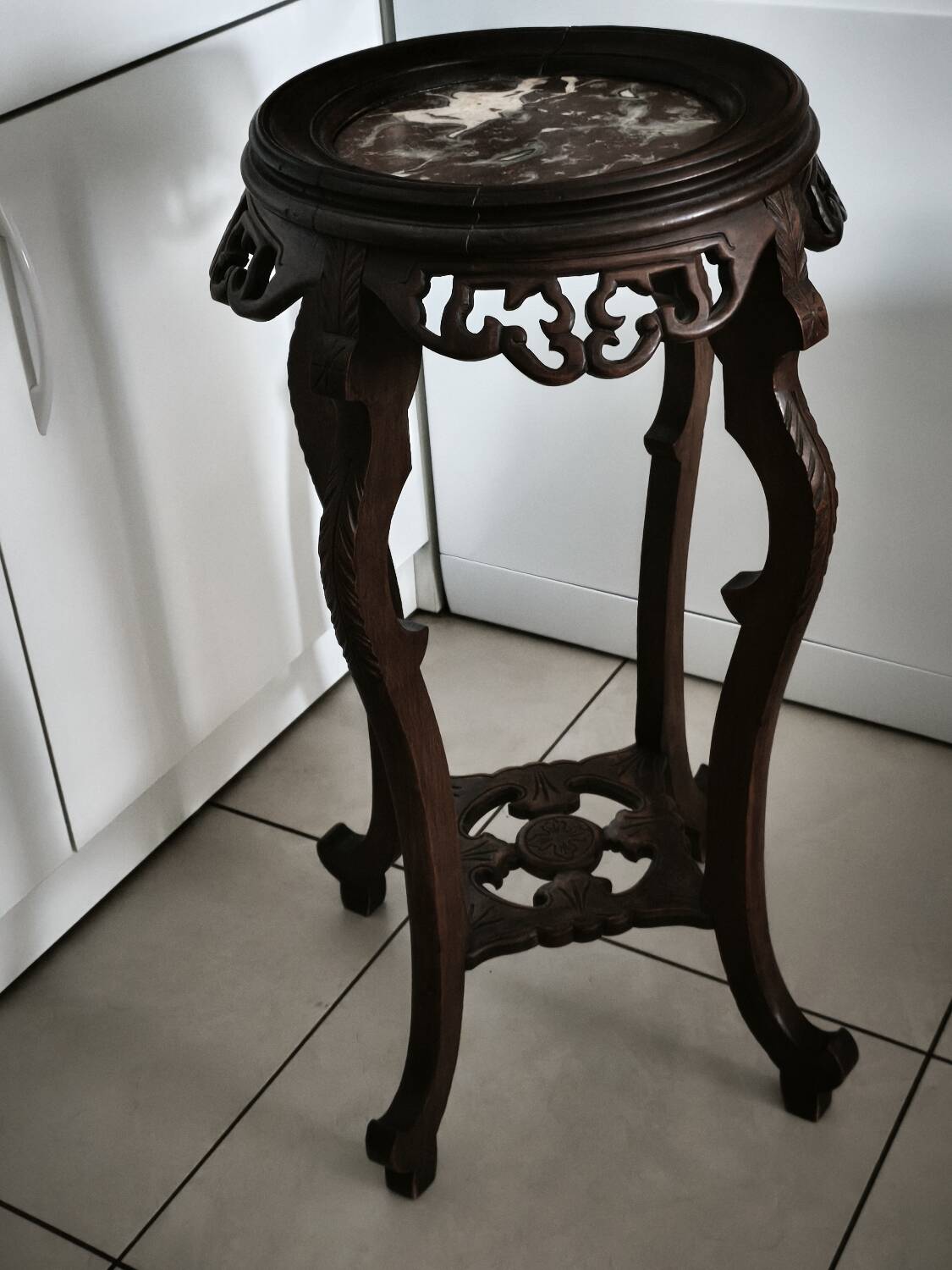 Antique Indochinese style pedestal - carved wood and marble