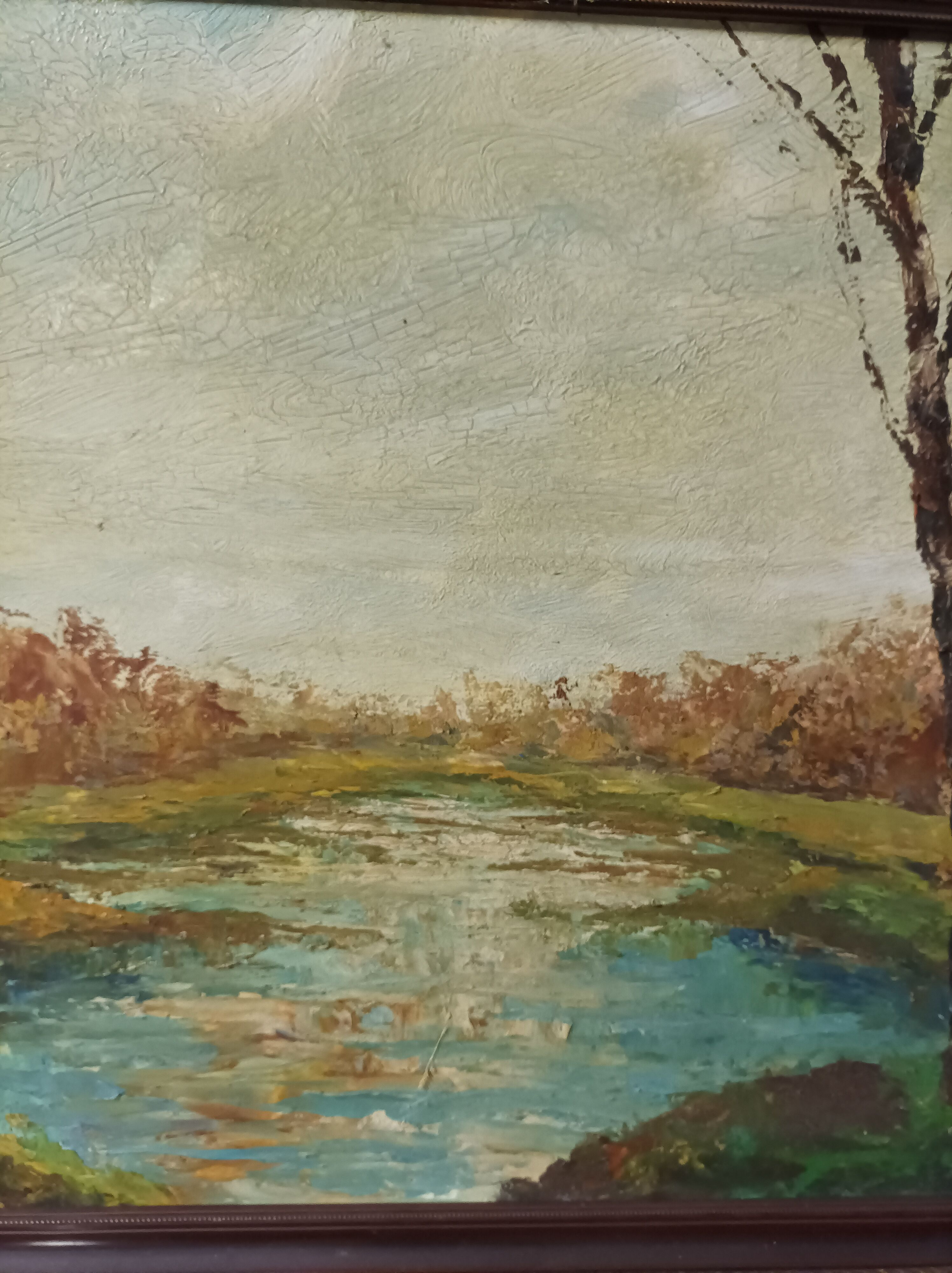 Autumn landscape house on the edge of a pond Oil on panel signed Corelli
