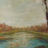 Paysage d'automne maison au bord d'un étang Huile sur panneau signée Corelli
