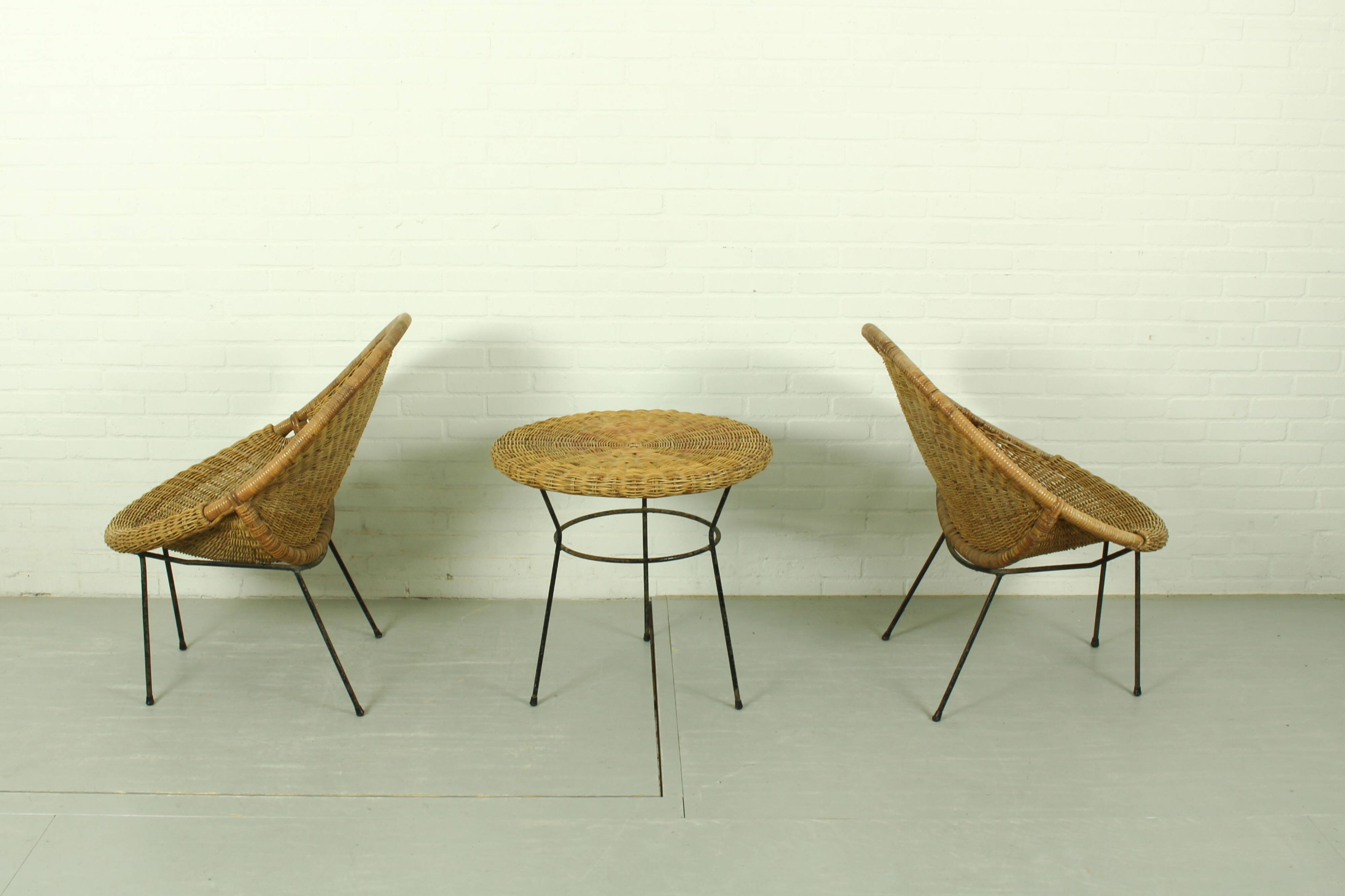 1950s Italian Rattan Basket Chairs & Matching Bistro Table Set