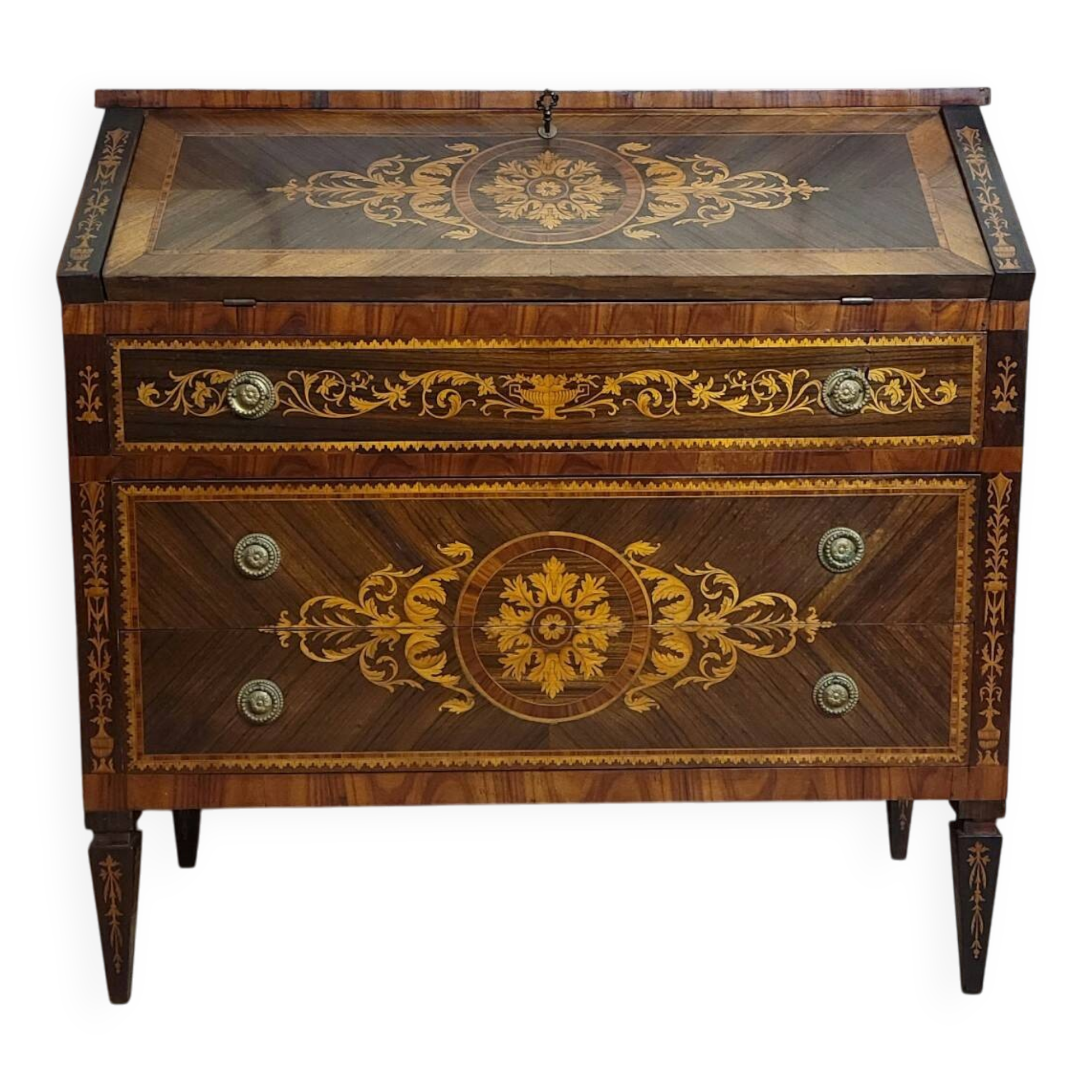 Commode secrétaire scriban style Louis XV à abattant, en bois précieux