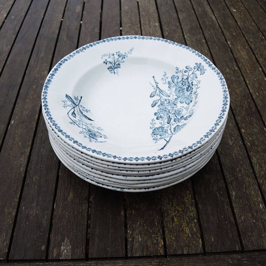 10 old deep plates made of ironstone with floral decoration