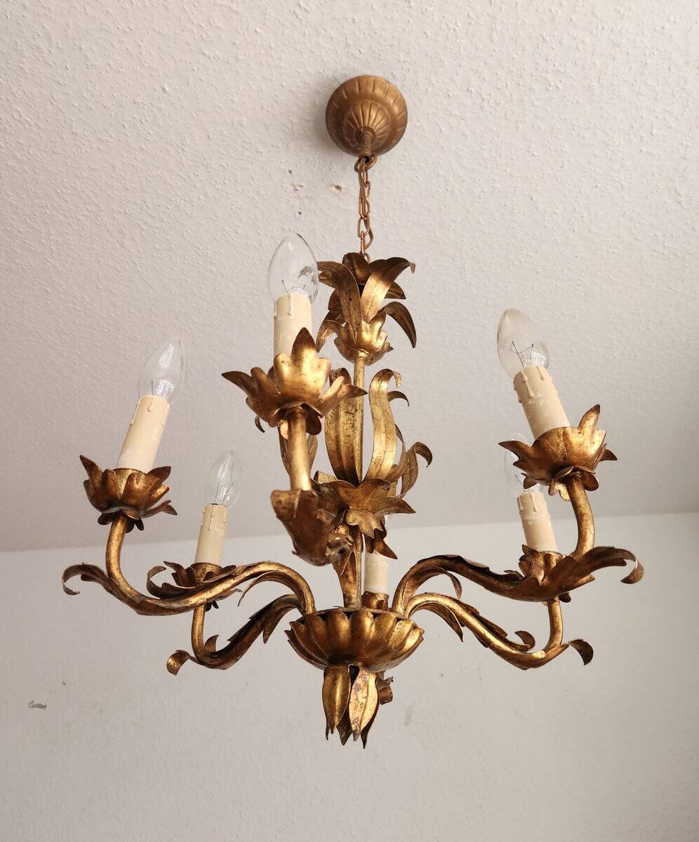 Vintage Hollywood Regency 6 light Chandelier gilded Italy Florence 1950-60